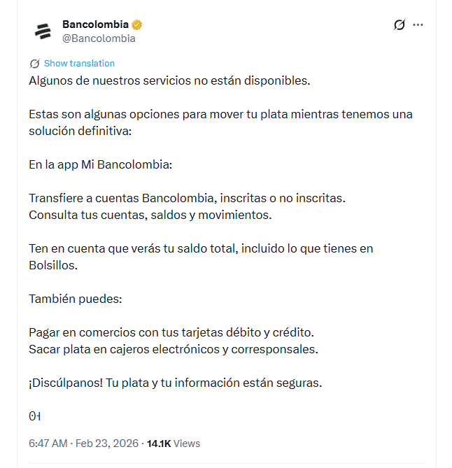 Bancolombia lunes 23 de febrero